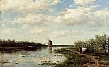 Distance Canvas Paintings - Figures On A Country Road Along A Waterway, A Windmill In The Distance